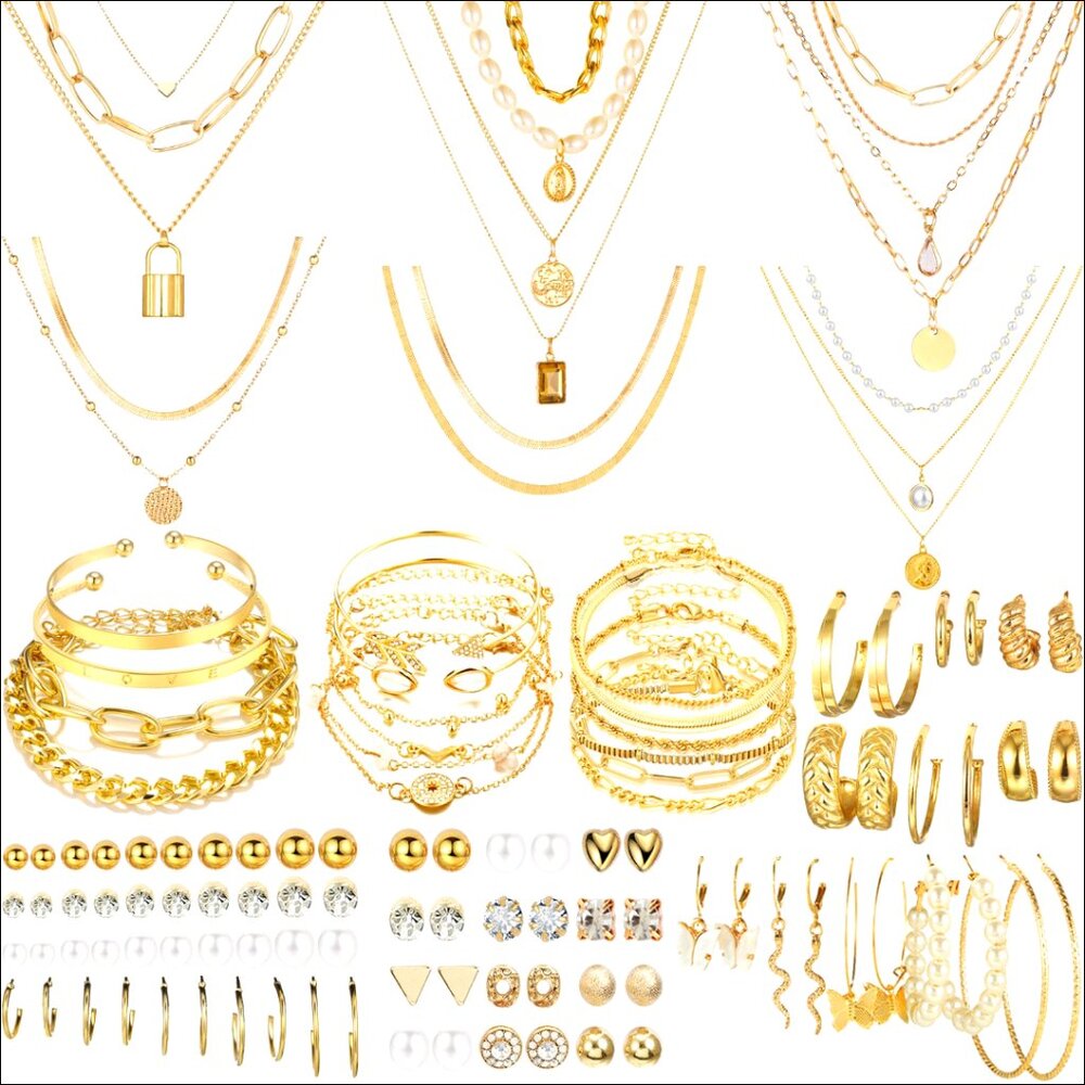 69 Piece Gold Plated Jewelry Set with Necklaces Bracelets Earrings